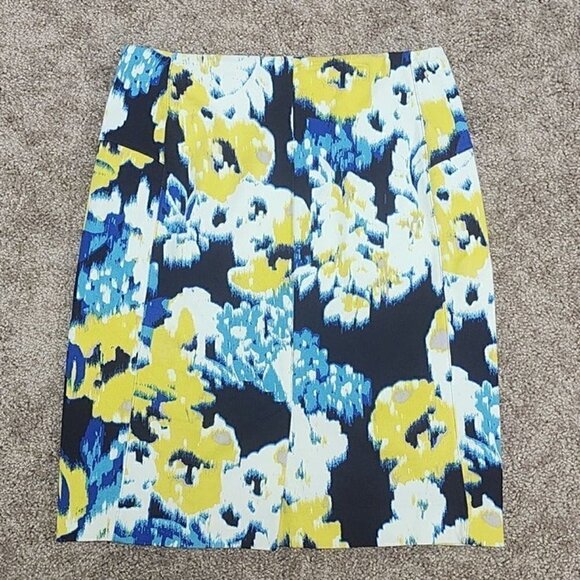 Lysse Charity Pencil Skirt Navy Yellow Abstract Floral Elastic Waist Medium - Picture 5 of 6